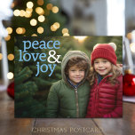 Christmas Photo - Modern Peace Love and Joy Holiday Postcard<br><div class="desc">A simple card with a traditional message. Use a full photo with the subject on the right side for this one.</div>