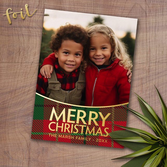 Christmas Photo - Modern Red Green Plaid - Gold (Photo Christmas Card with Gold Foil Accent - Modern Merry Christmas)