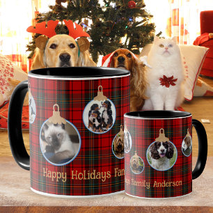 Christmas PHOTO Mug, Tartan Baubles Kids Pets  Mug