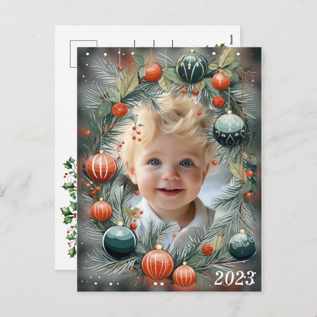Christmas PHOTO Personalised Green Holiday  (Front/Back)