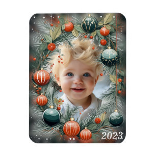 Christmas PHOTO Personalised Green Holiday  Magnet