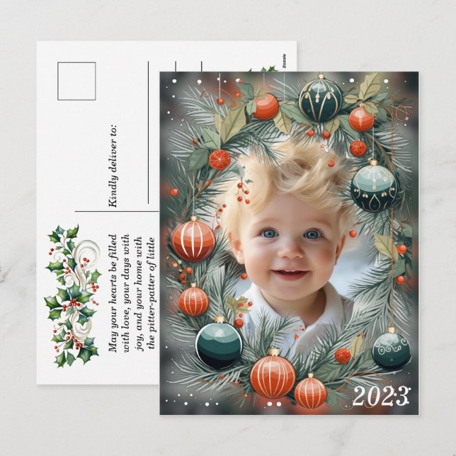 Christmas PHOTO Personalised Green Holiday  Postcard (Front/Back)