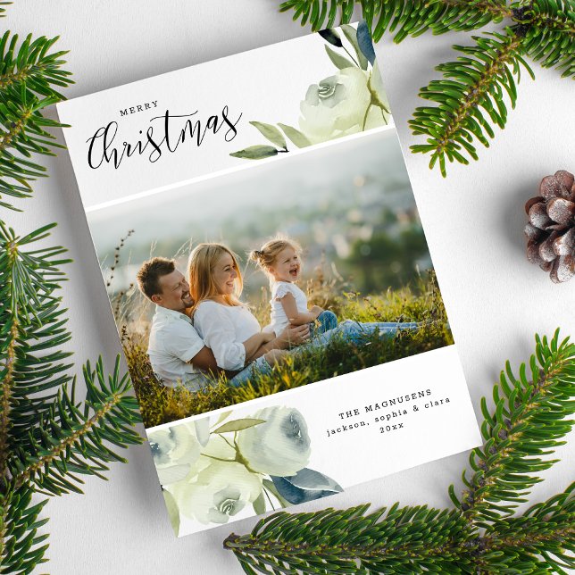 Christmas Photo Pretty Watercolor Floral Blessed Holiday Card (Creator Uploaded)