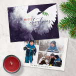 Christmas Photo Purple Dove Holiday Card<br><div class="desc">These 7" x 5" flat Christmas greeting cards feature an abstract dove in shades of purple. "Merry Christmas" in burnt orange and deep purple along with a green olive branch. Customise with your family name and year. The back has three photos,  one portrait,  two landscape.</div>