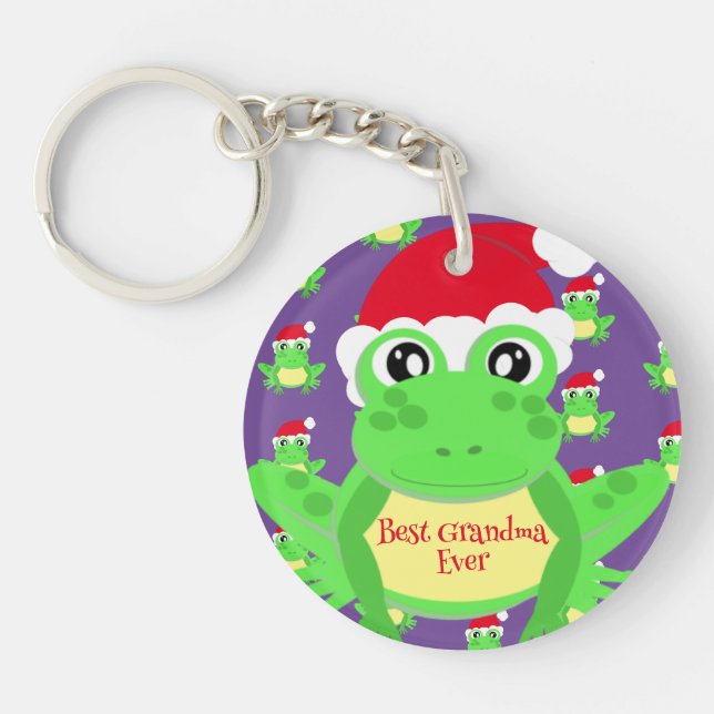 Christmas Photo Purple Frog Santa Hat Pattern Key Ring (Front)