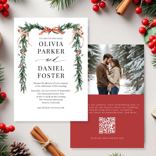 Christmas Photo QR Code Watercolor Red Bow Wedding Invitation (Creator Uploaded)