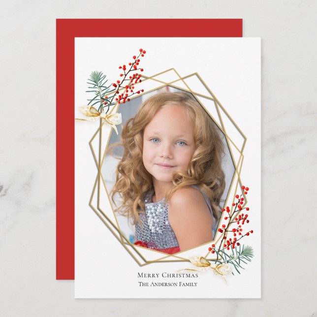 Christmas Photo Red Berries Gold Geometric Frame Holiday Card (Front/Back)