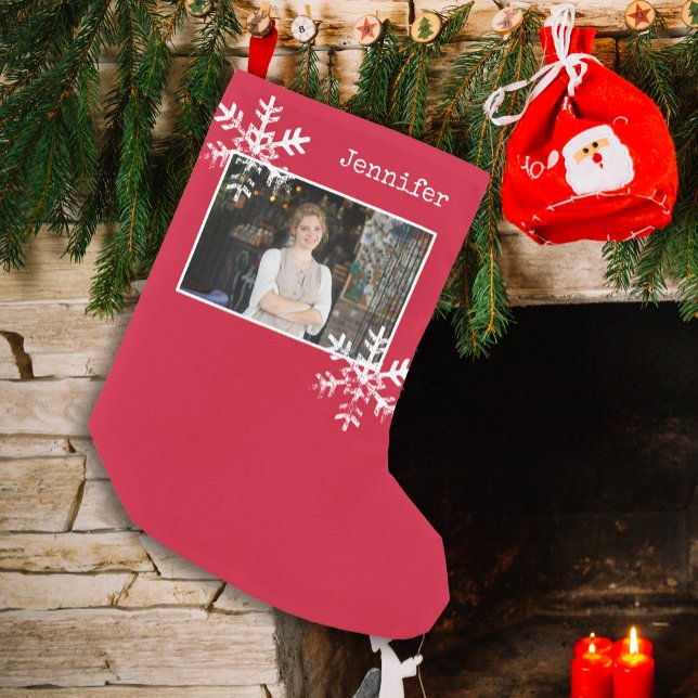 Christmas Photo Red Distressed Snowflakes Small Christmas Stocking (Distressed Rustic Snowflake design that can be personalized with a  photo and name monogram.)