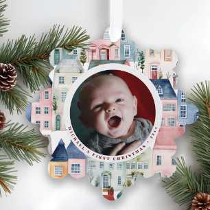 Christmas Photo Red Festive Houses Holiday Tree Decoration Card
