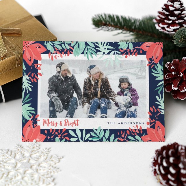 Christmas Photo Red Floral Botanical Greenery Holiday Card (Creator Uploaded)