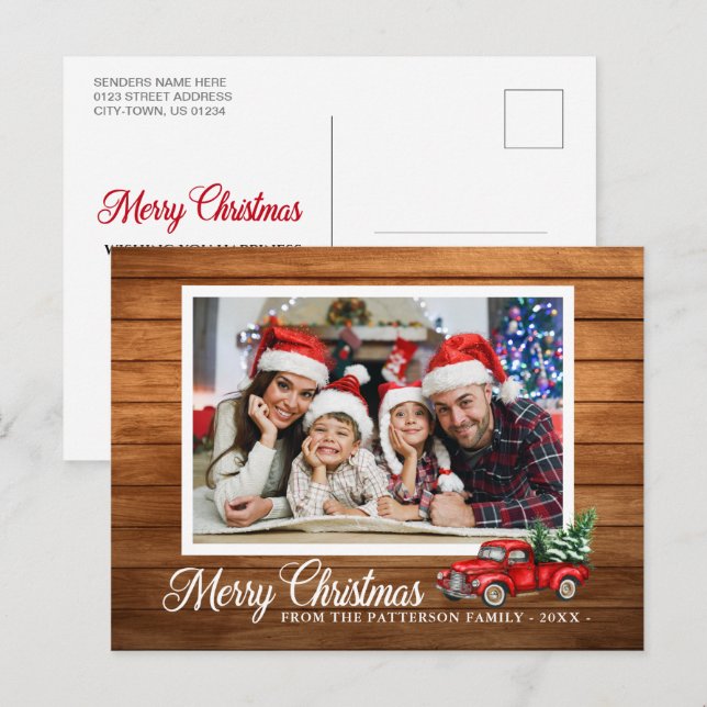 Christmas Photo Red Truck Rustic Wood Style Postcard (Front/Back)