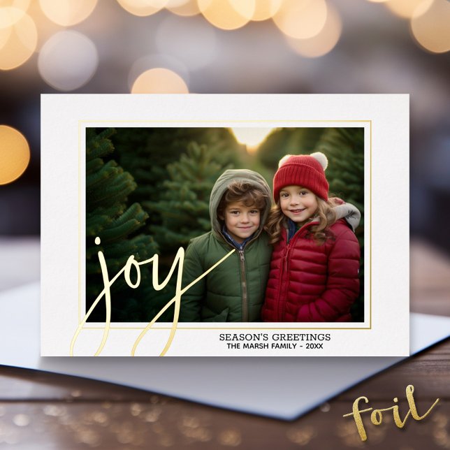 Christmas Photo Script Gold JOY - Christmas Plaid (Gold Foil Christmas Photo Card - Modern Holiday Greeting)