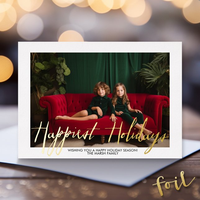 Christmas Photo Script Happiest Holidays - Plaid (Foil Holiday Greeting Card - Modern Christmas )