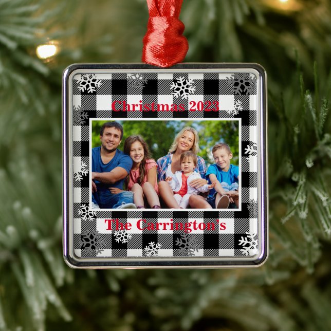 Christmas Photo Snowflakes Name Buffalo Check Meta Metal Tree Decoration (Tree)