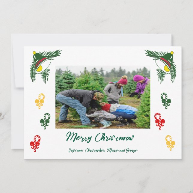 Christmas Photo & Sugar Canes, Floral Jingle Bells Holiday Card (Front)