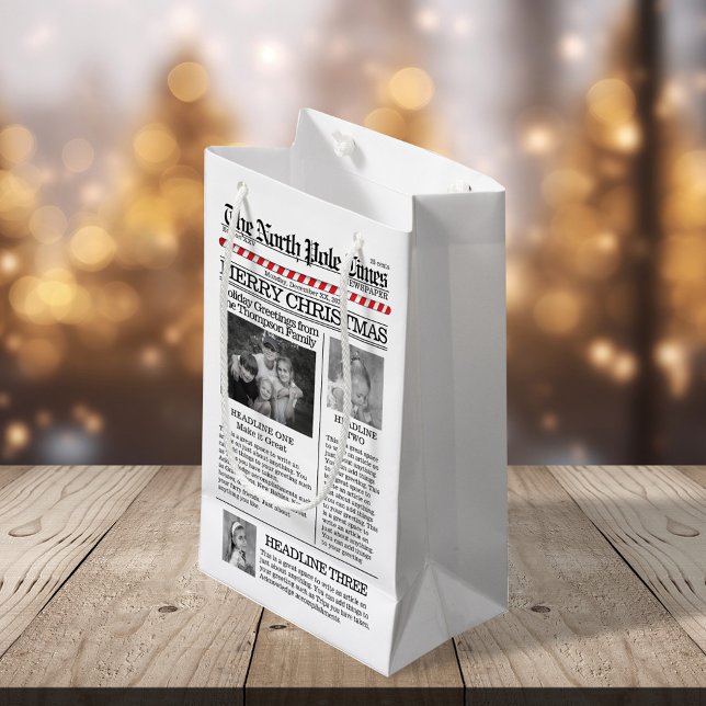 Christmas Photo Typography Newspaper Small Gift Bag (Christmas cute typography photo gift bag with newspaper template. )