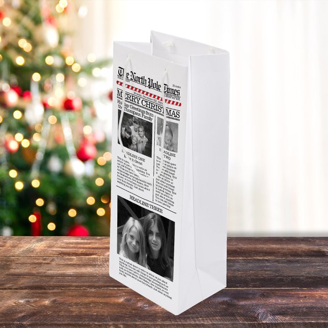 Christmas Photo Typography Newspaper Wine Gift Bag (Simple and fun photo newspaper wine gift bag.)
