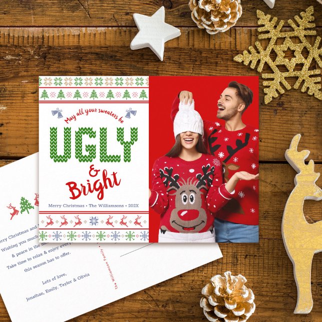 Christmas Photo Ugly Sweater Fun Nordic Red Green  Holiday Postcard (Creator Uploaded)