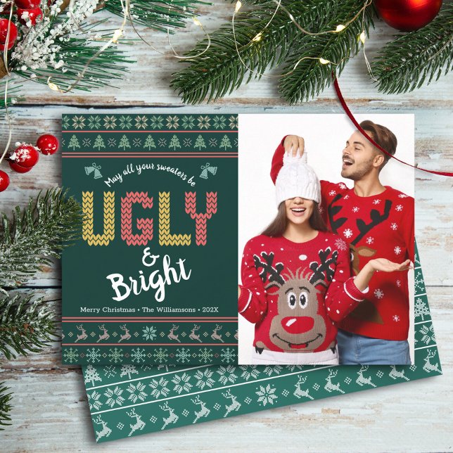 Christmas Photo Ugly Sweater Nordic Hunter Green Holiday Card (Creator Uploaded)