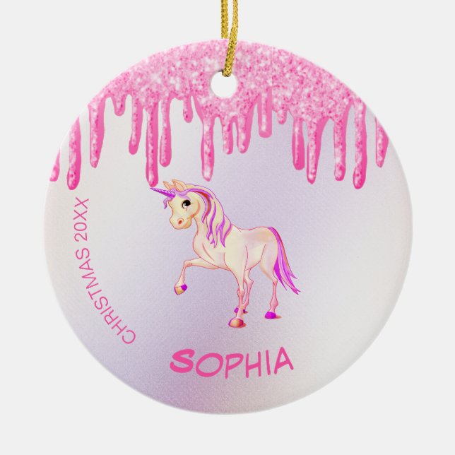 Christmas Photo Unicorn Pink Glitter Girly Ceramic Tree Decoration (Front)