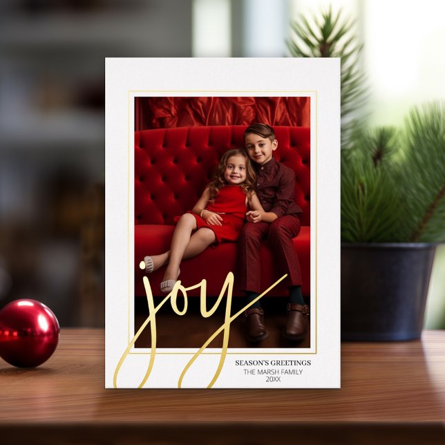 Christmas Photo Vertical - Script Gold JOY - (Modern Christmas Card with Photos)