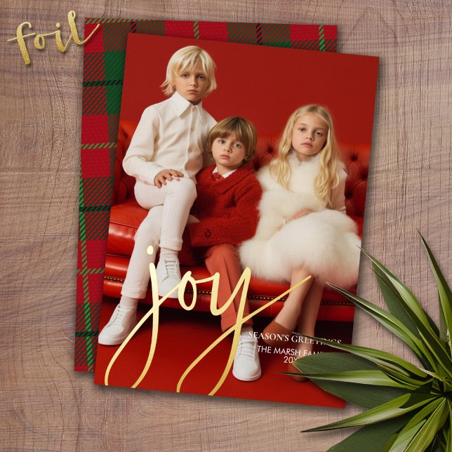 Christmas Photo Vertical - Script Gold JOY plaid (Photo Christmas Card with Gold Foil Accent - Modern Merry Christmas)
