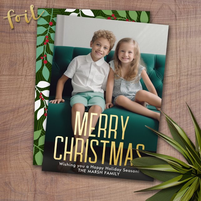 Christmas Photo Vertical - with Gold Merry in (Photo Christmas Card with Gold Foil Accent - Modern Merry Christmas)