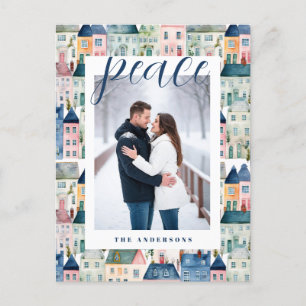 Christmas Photo Watercolor Colourful Houses Blue Holiday Postcard