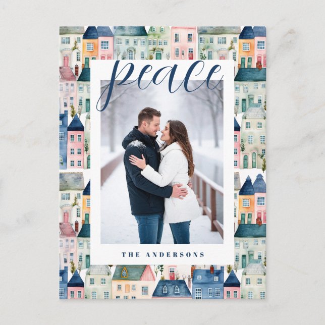 Christmas Photo Watercolor Colourful Houses Blue Holiday Postcard (Front)