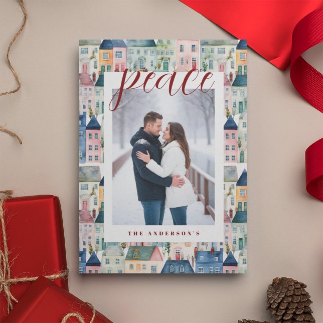Christmas Photo Watercolor Colourful Houses Red Holiday Card (Creator Uploaded)