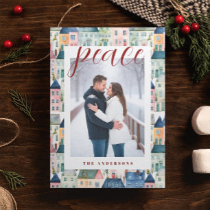 Christmas Photo Watercolor Colourful Houses Red Holiday Postcard