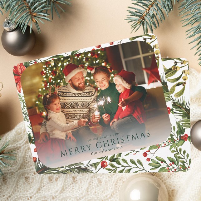 Christmas Photo Watercolor Floral Holiday Card (Christmas Photo Watercolor Floral Holiday Note Card)