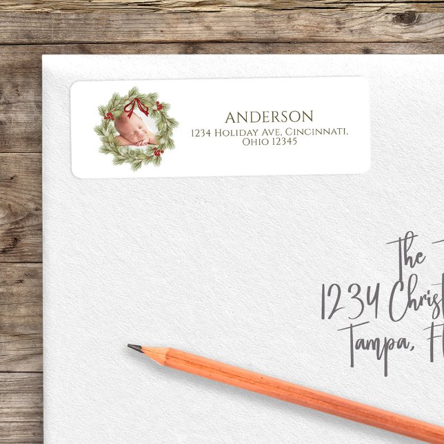 Christmas Photo Watercolor Greenery Wreath Foliage (Christmas holiday photo greenery wreath return address label. )