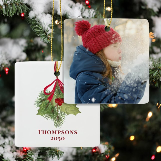 Christmas Photo Watercolor Holly Berries Greenery Ceramic Ornament (With simple block-style lettering and elegant red ribbon. )