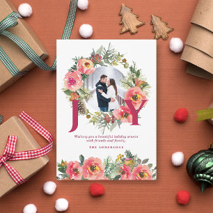 Christmas Photo White Joy Floral Wreath Botanical Holiday Card