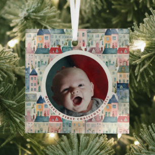 Christmas Photo Winter Festive Houses Holiday  Glass Tree Decoration