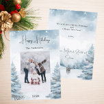Christmas photo winter landscape holiday card<br><div class="desc">Watercolored winter forest as background.  Personalise and add your family name and a photo.  Happy Holidays written with a trendy handlettered style script. 
Back: add your message and names.</div>