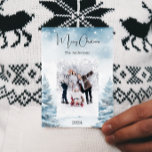 Christmas photo winter landscape holiday card<br><div class="desc">Watercolored winter forest as background.  Personalise and add your family name and a photo. Snow overlay.  Merry Christmas written with a trendy handlettered style script. 
Back: add your message and names.</div>
