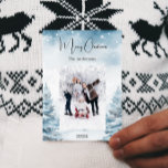 Christmas photo winter landscape holiday card<br><div class="desc">Watercolored winter forest as background.  Personalise and add your family name and a photo. Snow overlay.  Merry Christmas written with a trendy handlettered style script.</div>