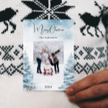 Christmas photo winter landscape holiday card<br><div class="desc">Watercolored winter forest as background.  Personalise and add your family name and a photo.  Merry Christmas written with a trendy handlettered style script.</div>