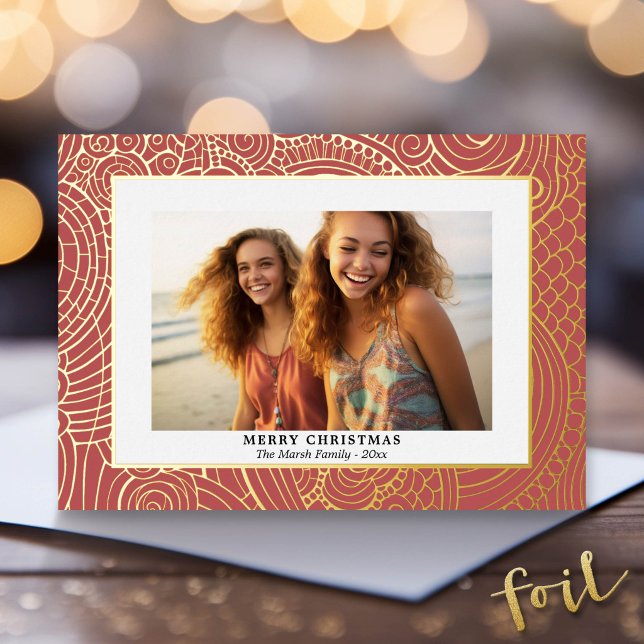 Christmas Photo with Textured Gold Border (Foil Holiday Greeting Card with Family Photo)