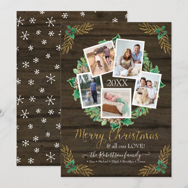 Christmas Photo Wreath Gold Rustic Watercolor Holiday Card (Front/Back)