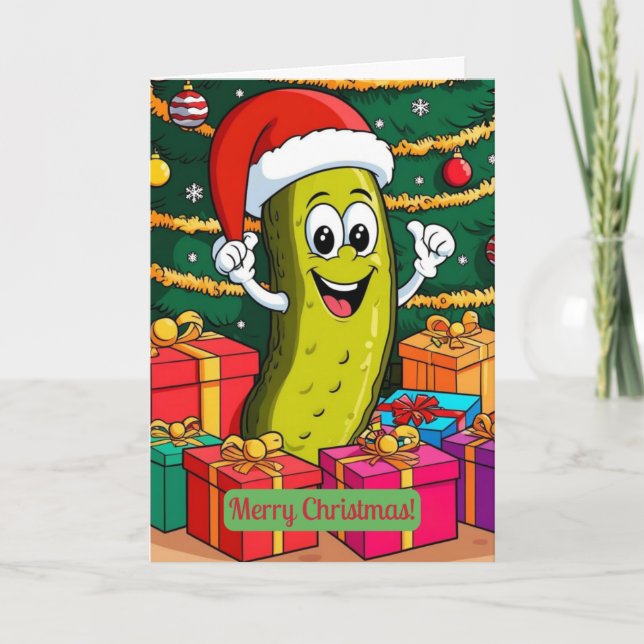 Christmas Pickle Cartoon Character Presents Thank You Card (Front)