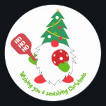 🎅Christmas pickleball  Classic Round Sticker<br><div class="desc">Cute Christmas pickleball sticker with happy Christmas dwarf wearing Christmas tree hat and holding a pickleball paddle. Customisable text on both sides</div>