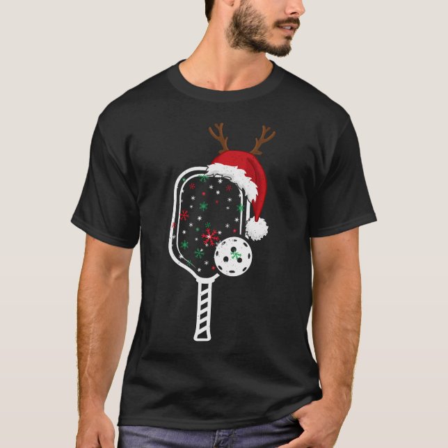Christmas Pickleball Player Reindeer Santa Hat Pad T-Shirt (Front)
