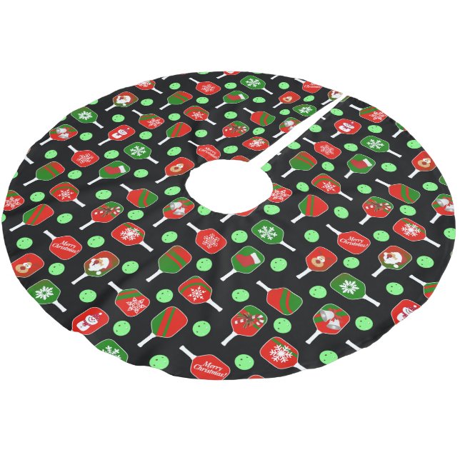 Christmas Pickleball Red Green Paddles Balls Black Brushed Polyester Tree Skirt (Angled)
