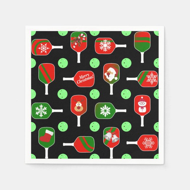 Christmas Pickleball Red Green Paddles Balls Black Napkin (Front)