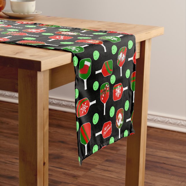 Christmas Pickleball Red Green Paddles Balls Black Short Table Runner (In Situ)
