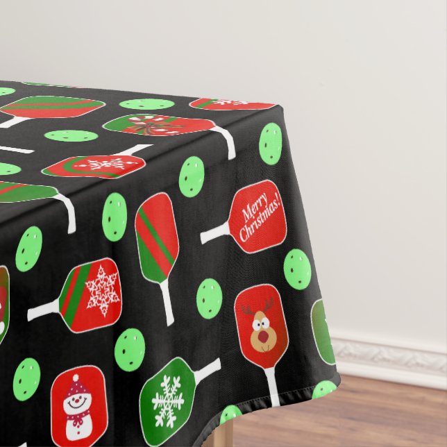 Christmas Pickleball Red Green Paddles Balls Black Tablecloth (In Situ)
