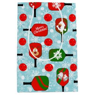 Christmas Pickleball Red Green Snowflakes Blue Medium Gift Bag